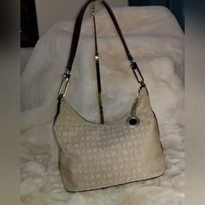 BVLGARI tan Logomania canvas brown leather hobo shoulder bag